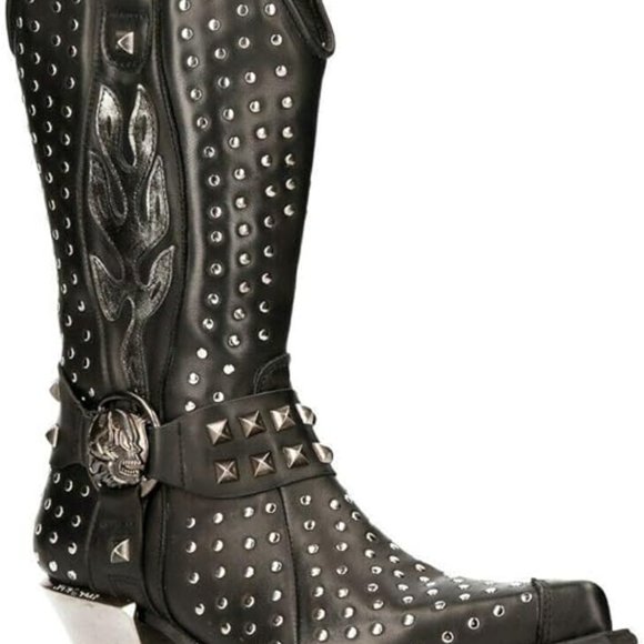 NEW ROCK M-7928-S1 Men's WESTERN COWBOY BOOTS Black Leather Heavy Biker SILVER S - Picture 3 of 4